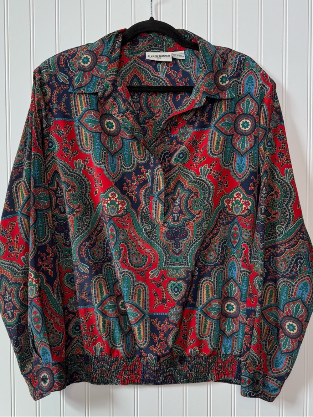 Vintage Alfred Dunner Red Blue Paisley Blouse 20W Boho Elastic Waist Top